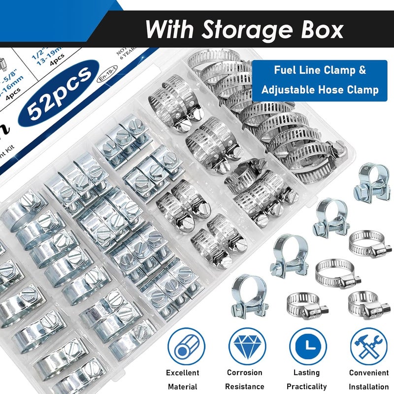 Eoppen 52Pcs Fuel Line Clamp Assortment Kit, 8-18mm Fuel Injection Gas Line Hose Clamps & Adjustable 1/4Inch - 1-1/8Inch(6-29mm) 304 Stainless Steel Hose Clamp for Automotive, Fuel Line(10 Sizes) - Image 4